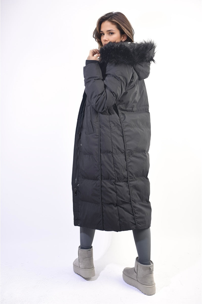 LONGLINE FAUX FUR HOODED PUFFER JACKET