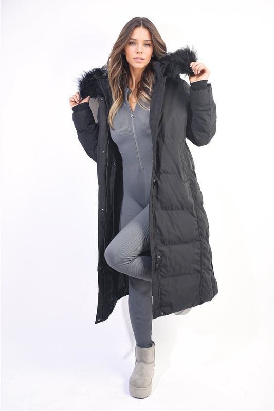 LONGLINE FAUX FUR HOODED PUFFER JACKET