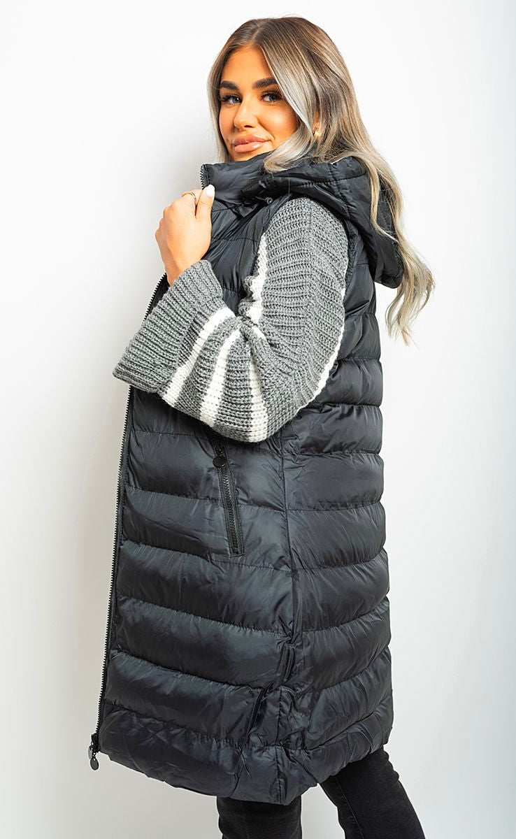 HOODED LONGLINE GUILTED GILET