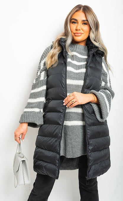 HOODED LONGLINE GUILTED GILET